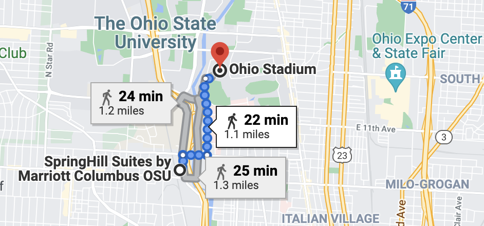 Map of SpringHill Suites by Marriott Columbus OSU within 25 minutes walk of Ohio Stadium