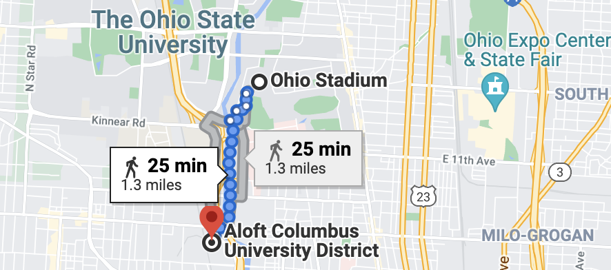 Map of Aloft Columbus within 25 minutes walk of Ohio Stadium