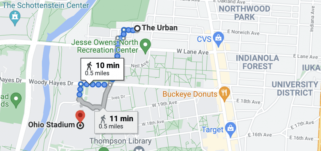 Map of The Urban Stay within 25 minutes walk of Ohio Stadium